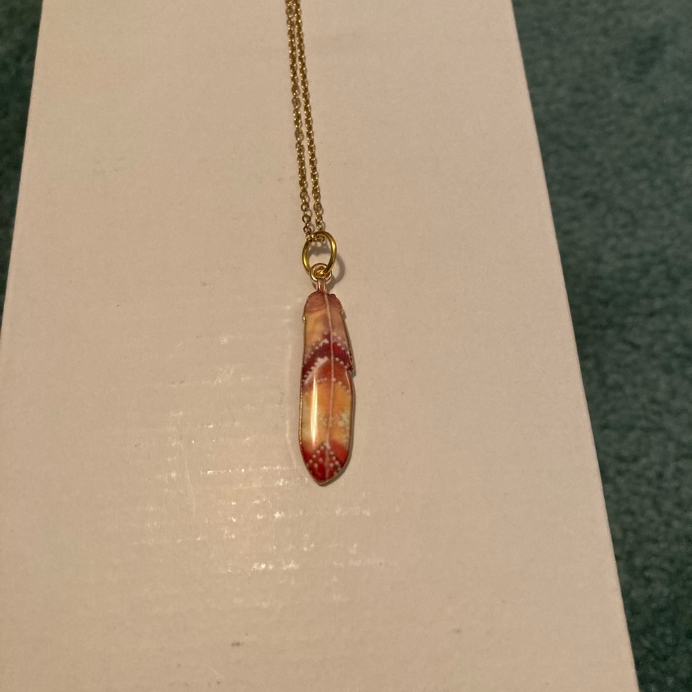 Enamel Bird Feather Pendant Necklace Yellow Red 🪶